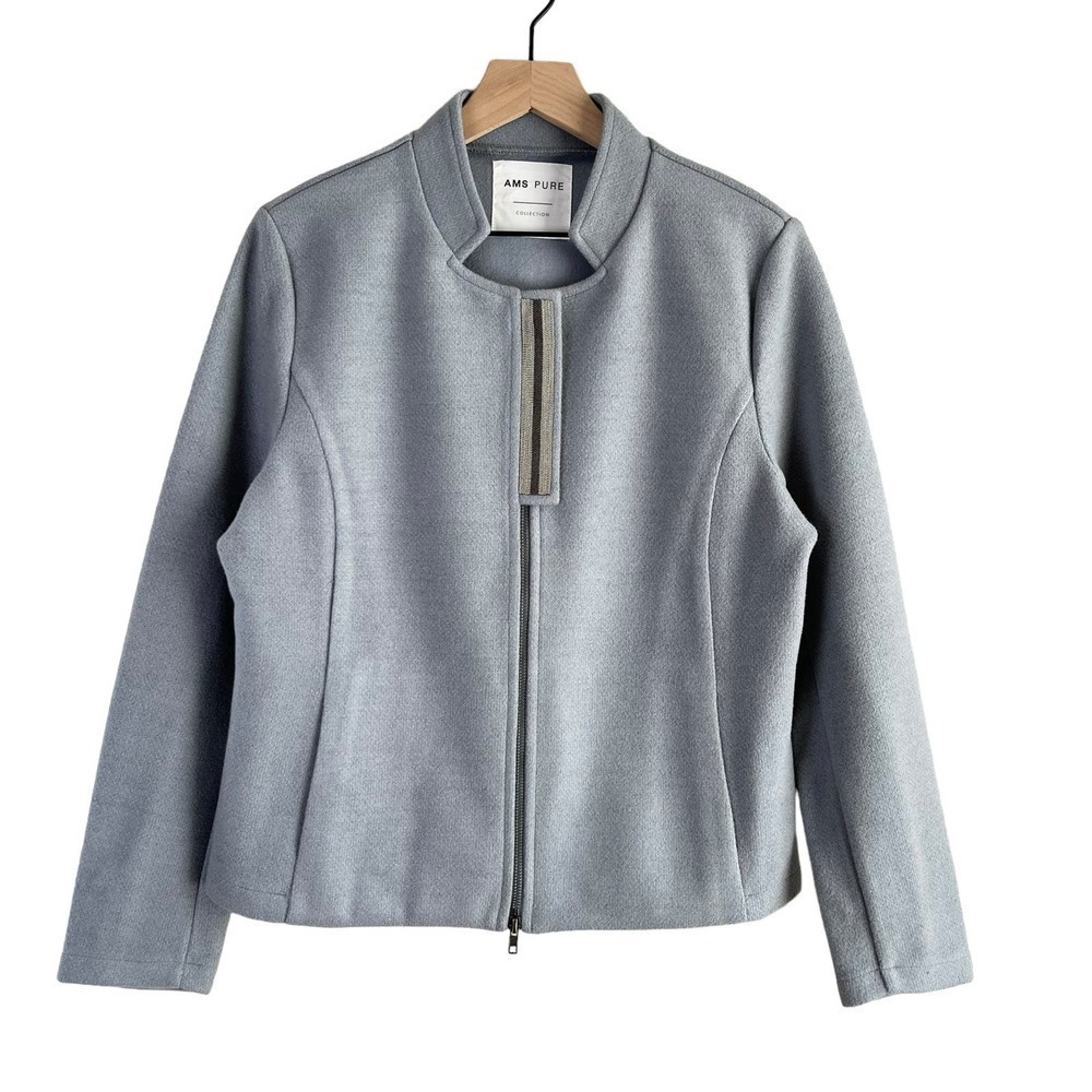 AMS Pure Wool Blend Mockneck Zip Front Blazer Jacket in Light Grey Blue, Size 12